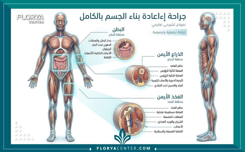 رسم توضيحي طبي مفصل يوضح المناطق المستهدفة في جراحة إعادة بناء القوام الجذري مثل شد البطن والذراعين والفخذين.