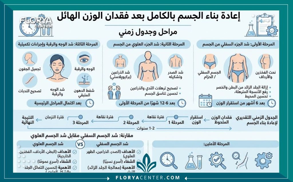 إنفوجرافيك يوضح مراحل وتسلسل عمليات جراحة إعادة بناء القوام الجذري لمرضى السمنة المفرطة بعد وصولهم للوزن المثالي.