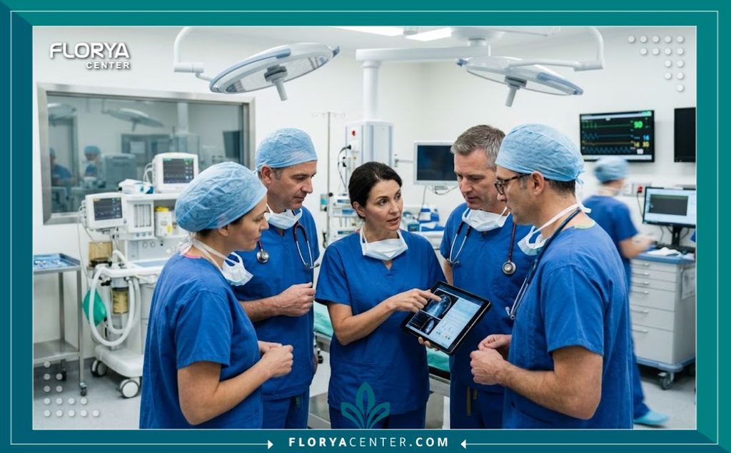 نخبة من أطباء جراحة التجميل يناقشون خطة جراحة إعادة بناء القوام الجذري داخل غرفة عمليات مجهزة بأحدث التقنيات.
