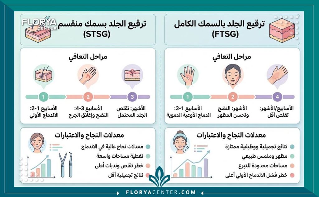 إنفوجرافيك يشرح أنواع الطعوم الجلدية ومراحل التعافي بعد جراحة الترقيع الجلدي في حالات الترهل المعقدة والحروق.