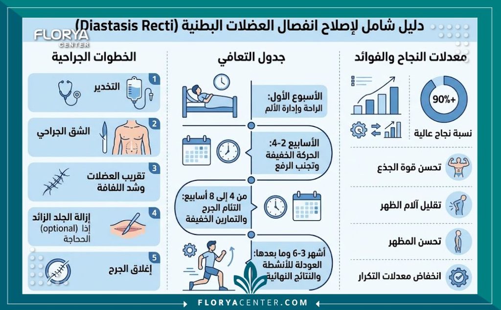 إنفوجرافيك طبي يشرح مراحل جراحة تثبيت العضلات المستقيمة ومدة التعافي ونسب نجاح العملية.