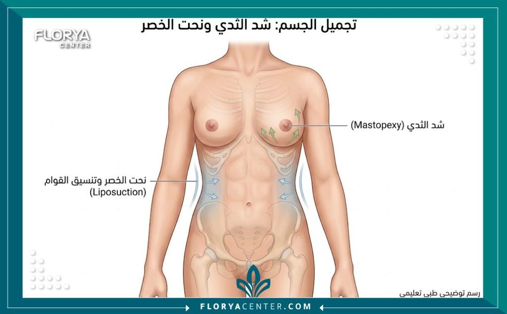رسم توضيحي طبي يوضح مناطق شد الثدي ونحت الخصر لتحقيق قوام الساعة الرملية في عمليات المامي ميك أوفر.