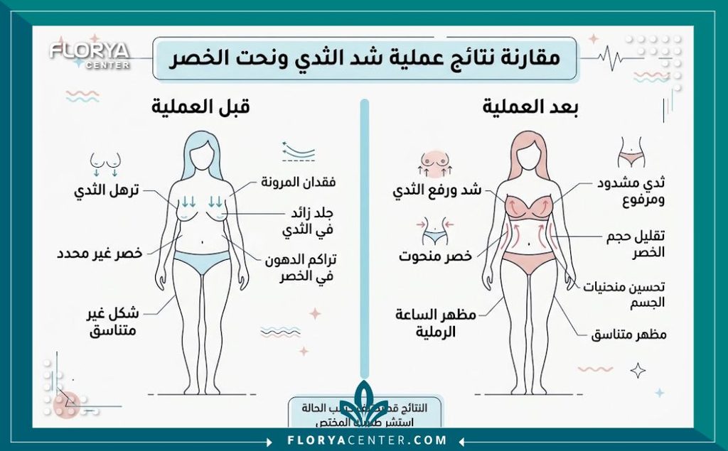 إنفوجرافيك يقارن بين شكل الجسم قبل وبعد عملية شد الصدر ونحت الخصر، يبرز فوائد الجراحة المزدوجة لتناسق الجسم.