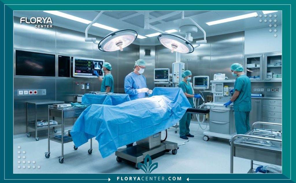 غرفة عمليات حديثة ومجهزة بأحدث التقنيات الطبية داخل مستشفى تجميل لإجراء عملية إصلاح شكل السرة.