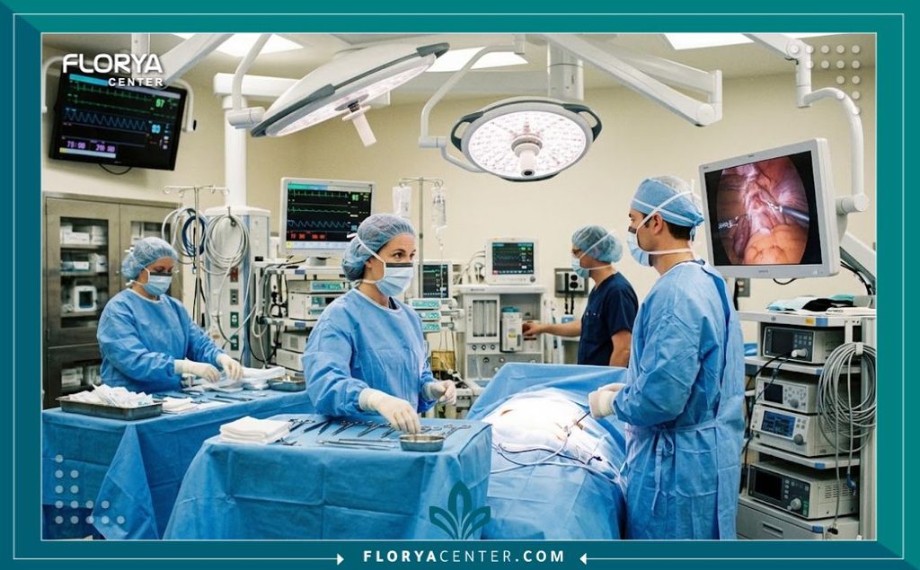 فريق طبي متخصص داخل غرفة عمليات مجهزة بأحدث التقنيات استعداداً لإجراء جراحة ترميم الجدار البطني المعقدة.