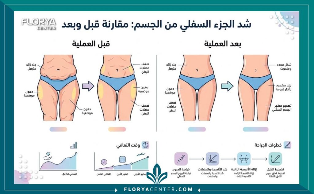إنفوجرافيك يوضح الفرق قبل وبعد جراحة شد الأطراف السفلية الشاملة وخطوات التعافي.