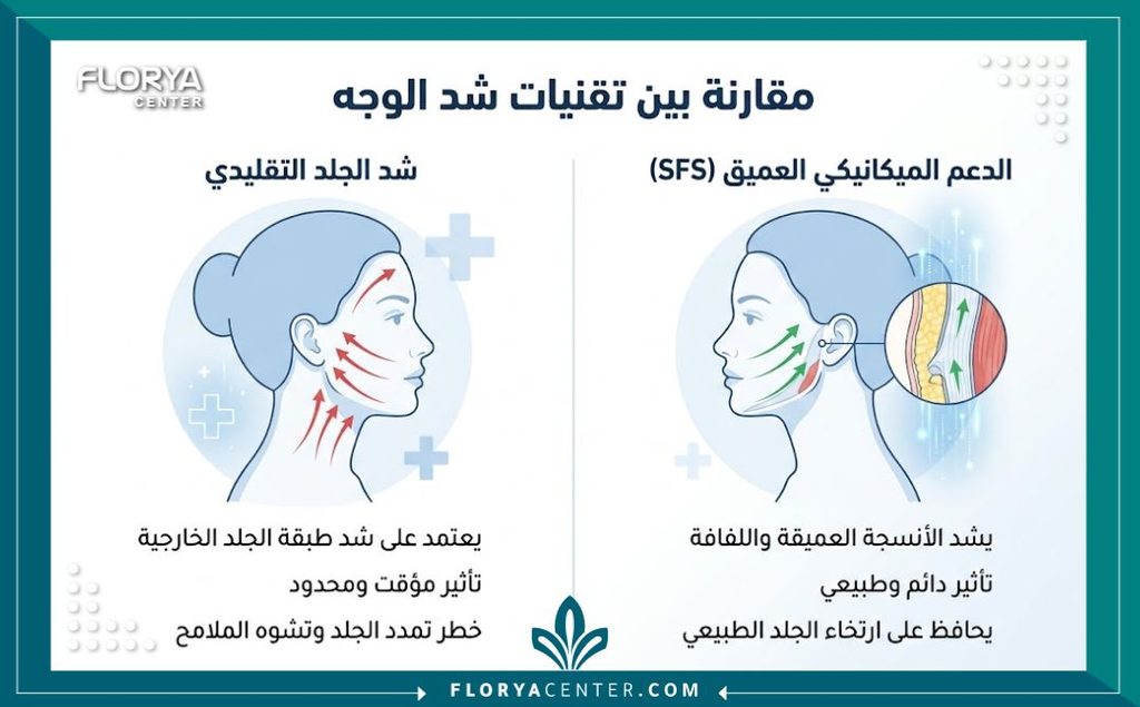 إنفوجرافيك يقارن بين شد الوجه التقليدي وجراحة شد الأنسجة اللفافية السطحية لنتائج طبيعية ومستدامة.
