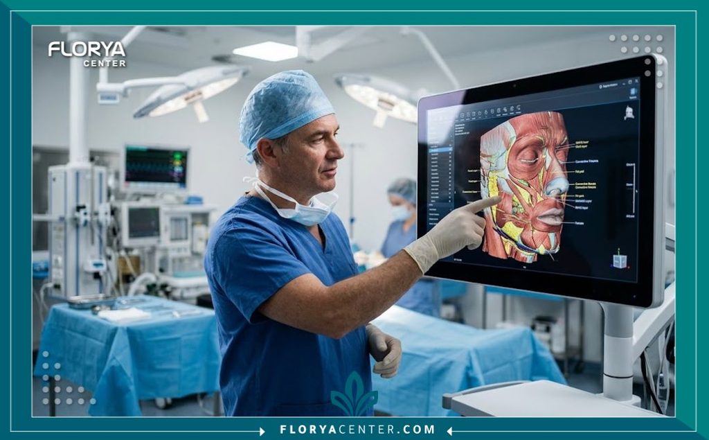 جراح تجميل متخصص يقوم بالتحضير لعملية شد الوجه عبر طبقة SFS في مستشفى متطور لضمان الدقة والأمان.