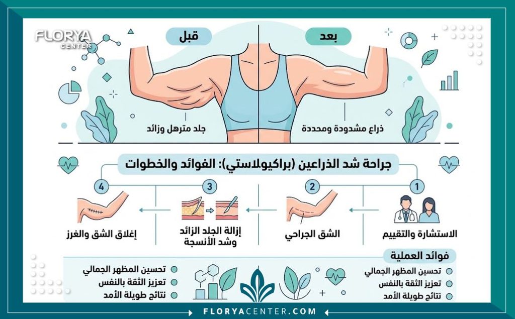 إنفوجرافيك يقارن بين شكل الذراع المترهل قبل الجراحة وشكل الذراع المشدود بعد عملية تجميل وشد الذراعين.