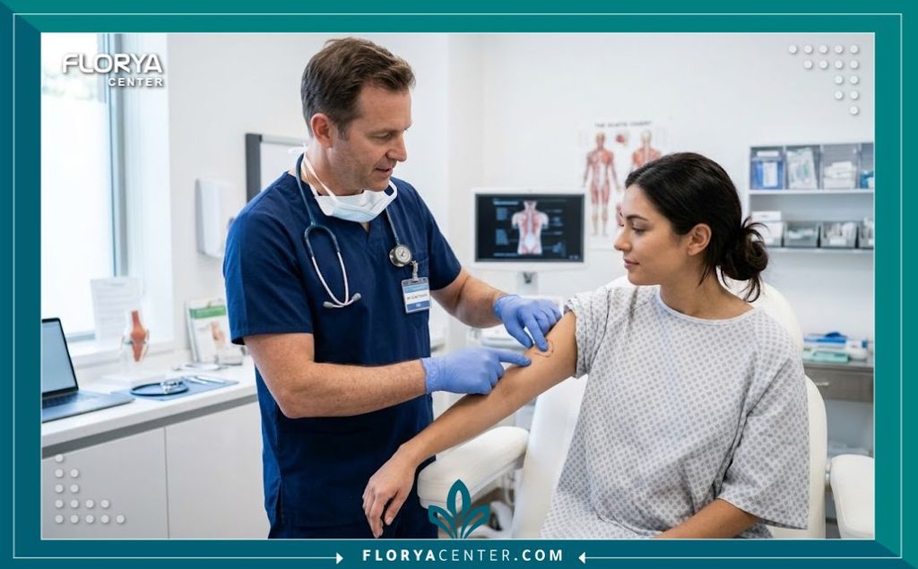 جراح تجميل متخصص يقوم بفحص المريض داخل عيادة حديثة لتقييم حالة الترهلات قبل إجراء جراحة شد الذراعين.