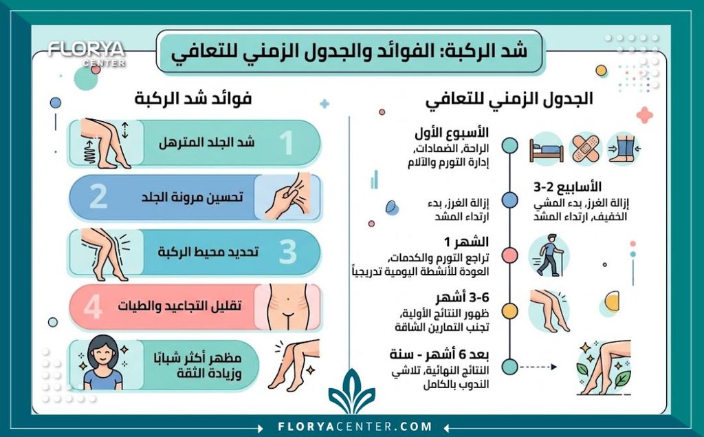 إنفوجرافيك يشرح فوائد جراحة شد ترهلات الركبة ومراحل التعافي لإعادة المظهر الشاب للساقين.