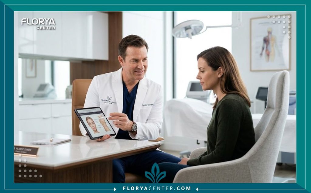 استشارة طبية مع جراح تجميل متخصص في شد ترهلات الجسم والركبة داخل عيادة حديثة ومعقمة.