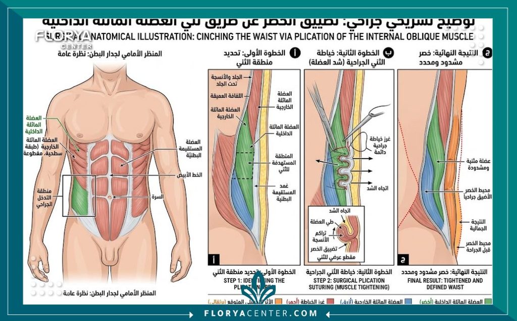 رسم توضيحي طبي يظهر تشريح العضلات المائلة الداخلية وتقنية تقصير وزم عضلات البطن الجانبية لنحت الخصر.