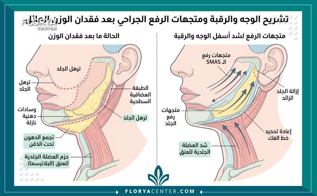 رسم توضيحي طبي يوضح تشريح الوجه والرقبة واتجاهات الشد الجراحي لعلاج ترهلات الجلد بعد جراحات السمنة.