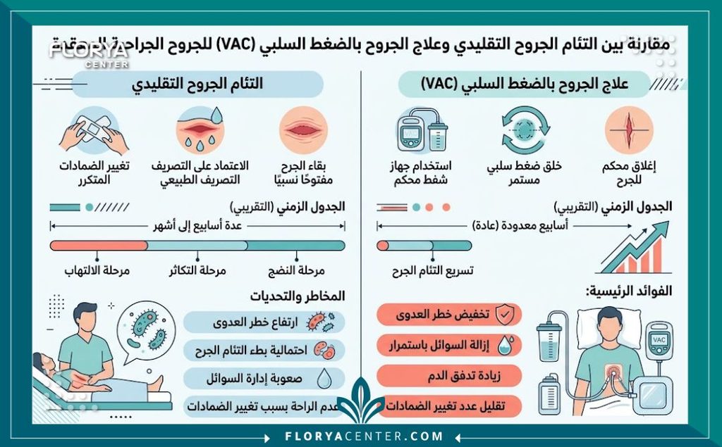 إنفوجرافيك يقارن بين سرعة التئام الجروح باستخدام جهاز الفاك (VAC) مقابل الطرق التقليدية بعد جراحات التجميل.