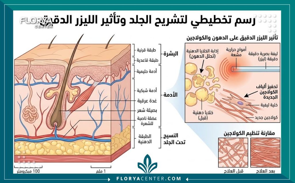 رسم توضيحي طبي يوضح كيف يعمل ليزر الاندوليف تحت الجلد لشد الترهلات البسيطة وتحفيز الكولاجين.