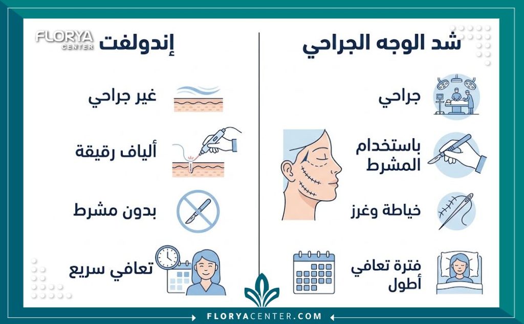 إنفوجرافيك يقارن بين جهاز الاندوليف لشد الوجه وبين عملية قص الجلد الجراحية التقليدية.