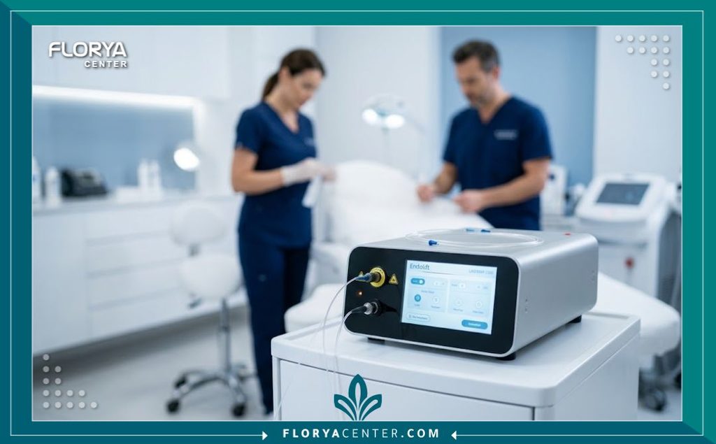جهاز الاندوليف الحديث داخل عيادة تجميل متطورة لتقديم علاجات شد الجلد بالليزر في بيئة طبية آمنة.