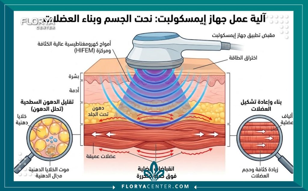 رسم توضيحي طبي يوضح كيف تعمل تقنية جهاز الايمسكولبت على بناء العضلات واستهداف الخلايا الدهنية.