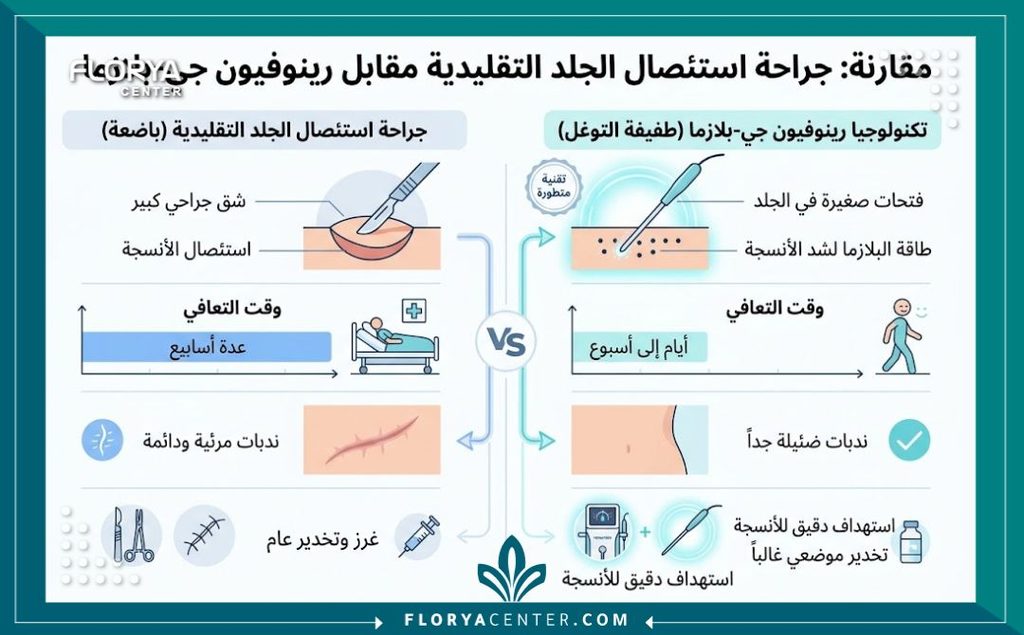 إنفوجرافيك يقارن بين الجراحة التقليدية وتقنية جهاز الرينوفيون لشد الترهلات بدون ندبات.