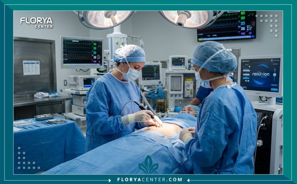 طبيب جراحة تجميل يستخدم تقنية رينوفيون لشد الترهلات داخل غرفة عمليات معقمة ومجهزة بأحدث التقنيات.