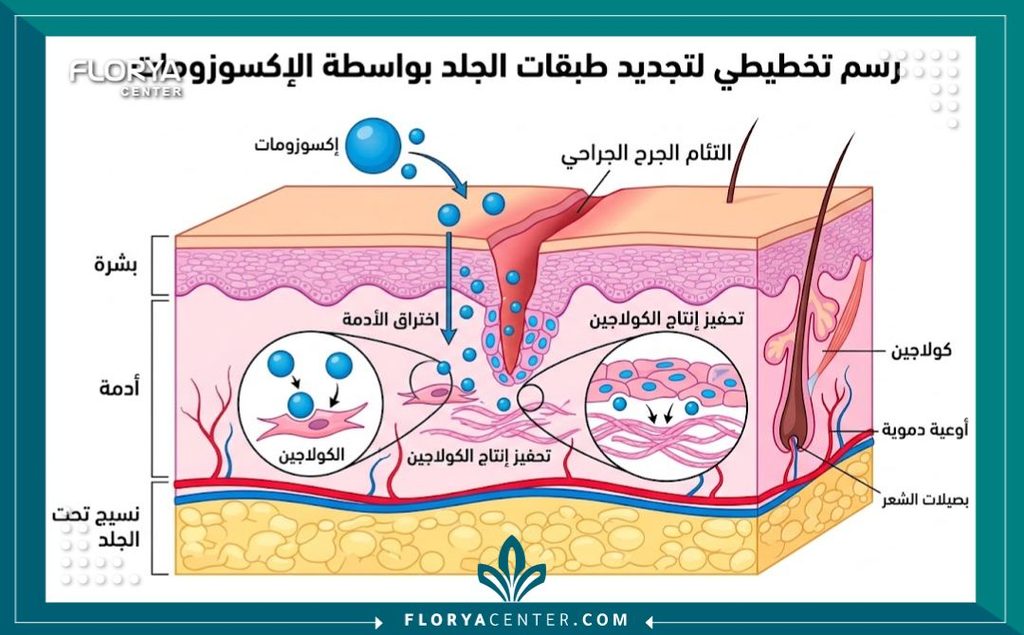 رسم توضيحي طبي لطبقات الجلد يوضح آلية عمل جزيئات الإكسوزوم في إصلاح الأنسجة وتسريع التئام الجروح بعد عملية الشد.