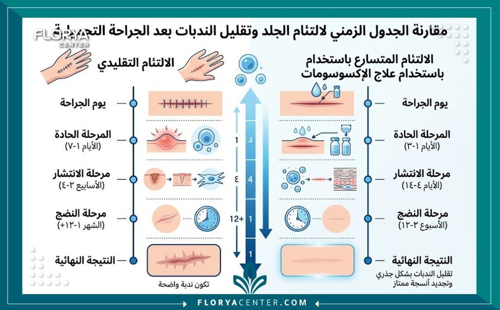 إنفوجرافيك يقارن سرعة التئام الجروح وتخفيف الندبات بعد جراحة الشد باستخدام الإكسوزومات مقابل التعافي التقليدي.
