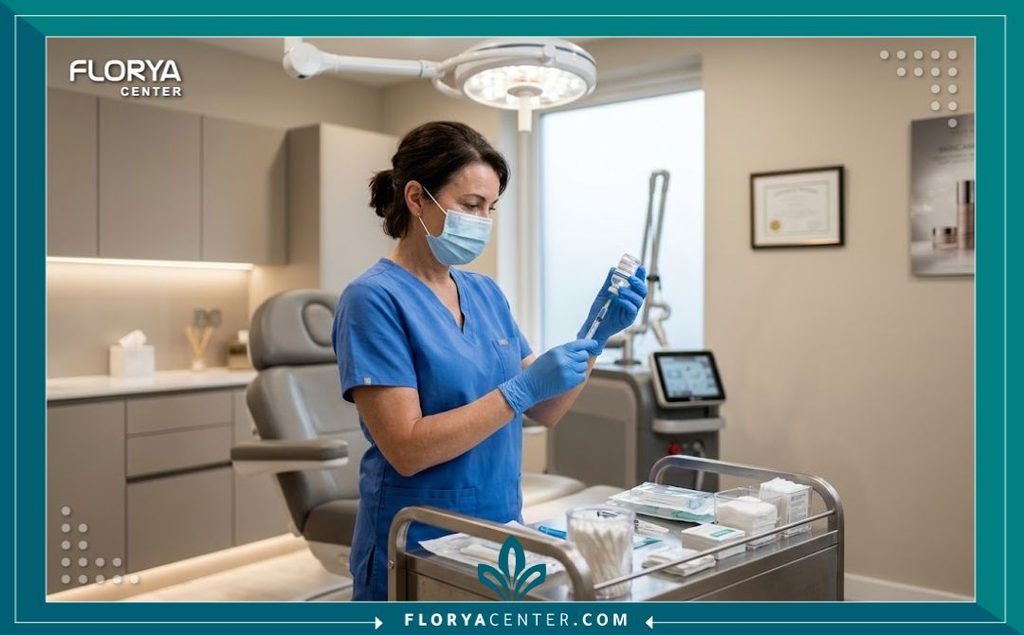 طبيب تجميل متخصص في غرفة عمليات معقمة ومجهزة بأحدث التقنيات يجهز إبرة الإكسوزوم للعلاج التجديدي المتقدم.