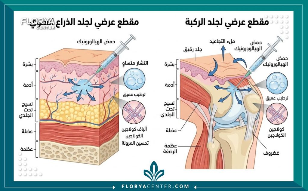 رسم توضيحي طبي لطبقات الجلد يوضح آلية عمل حقن البروفايلو في ترطيب الجلد الرقيق وتحفيز الكولاجين في الركبتين والزنود.