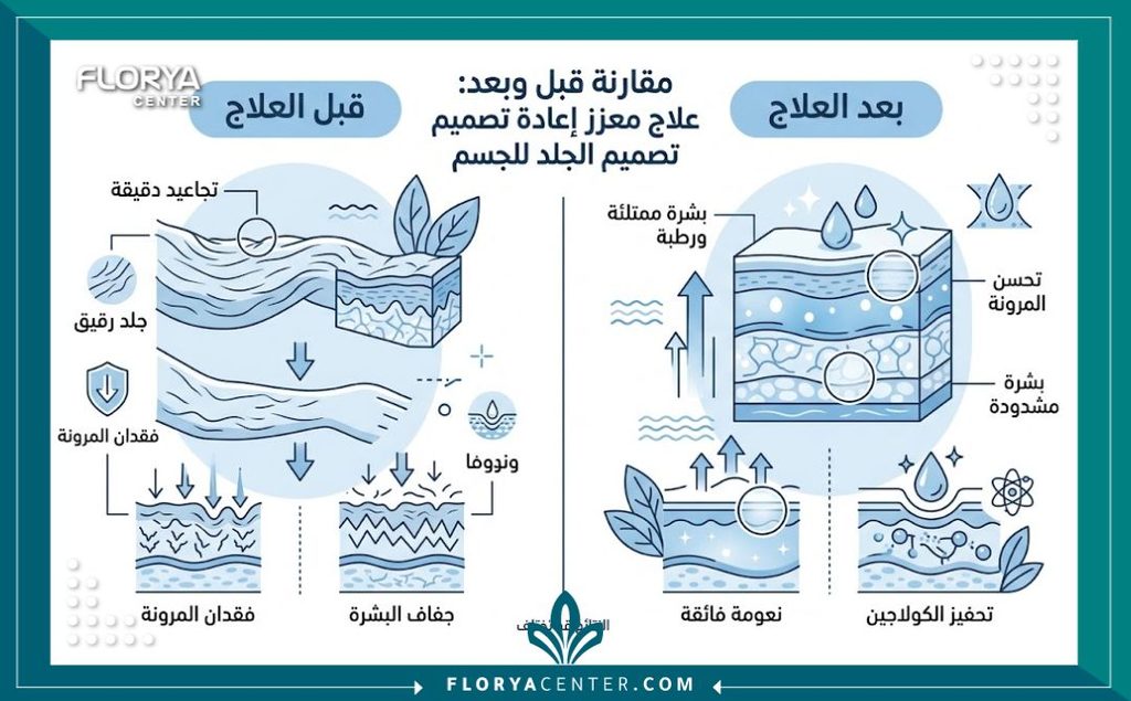 إنفوجرافيك يقارن بين حالة الجلد المترهل والمتعرج قبل وبعد استخدام إبر البروفايلو لشد الركبة والزنود.