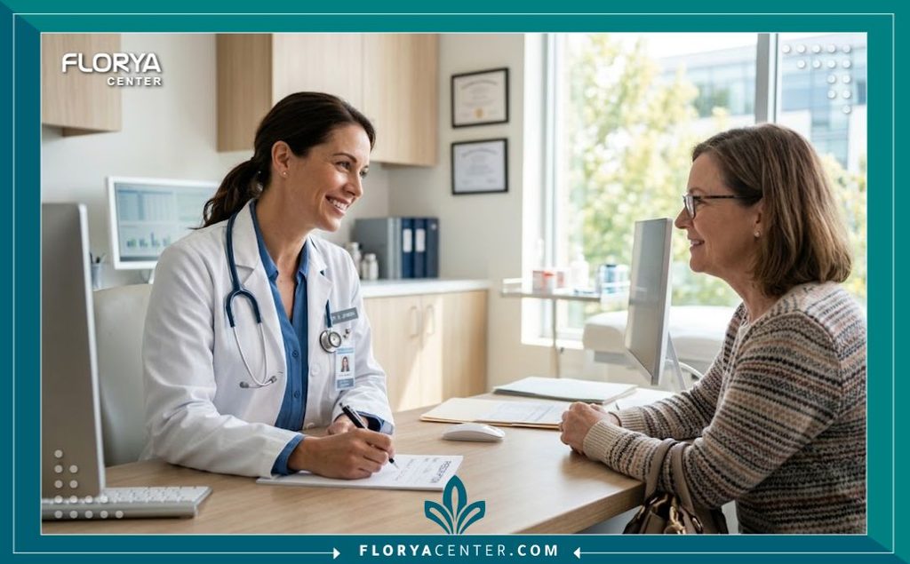 طبيب جراحة تجميل يشرح للمريضة خطة علاج التهاب جرح شد البطن ويصف المضاد الحيوي المناسب.