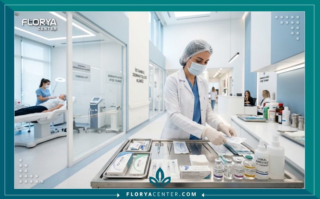 خيوط شد الجسم 4 تجهيز الأدوات الطبية والخيوط التجميلية داخل عيادة تجميل حديثة ومعقمة لإجراء جلسة شد الجسم بالخيوط بأمان تام.
