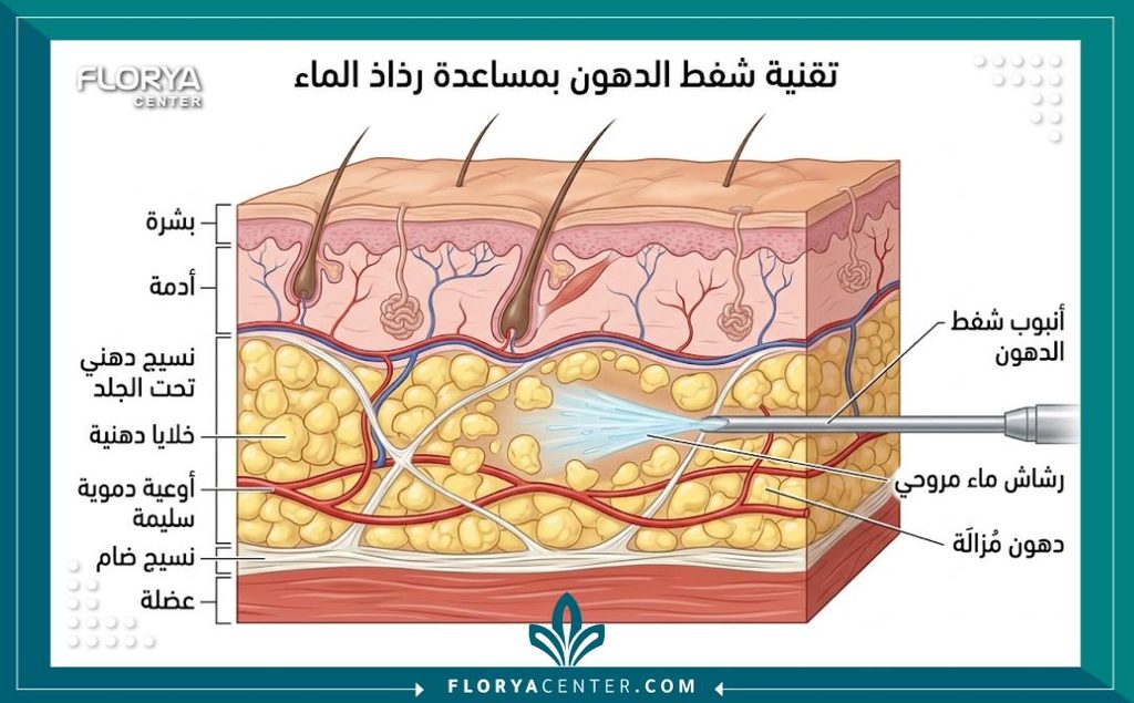 دمج الشفط المائي (Body-Jet) مع الاستئصال الجراحي 2 رسم توضيحي طبي يوضح آلية الشفط المائي للدهون وفصل الخلايا الدهنية برفق مع الحفاظ على الأوعية الدموية قبل قص الجلد.