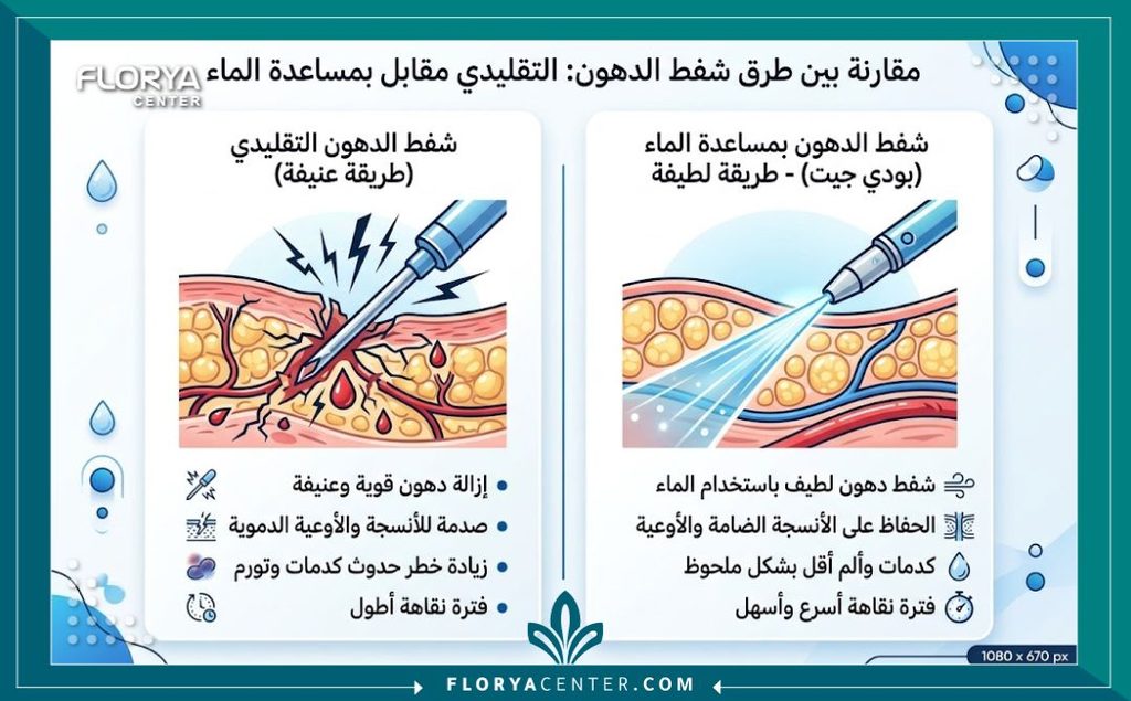 دمج الشفط المائي (Body-Jet) مع الاستئصال الجراحي 3 إنفوجرافيك يقارن بين تقنية الشفط المائي اللطيفة للدهون والشفط التقليدي قبل إجراء الاستئصال الجراحي.