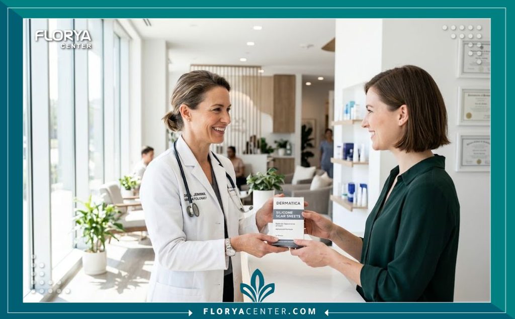 طبيبة جلدية تنصح المريضة باستخدام أفضل سيليكون جروح العمليات في عيادة تجميل حديثة.