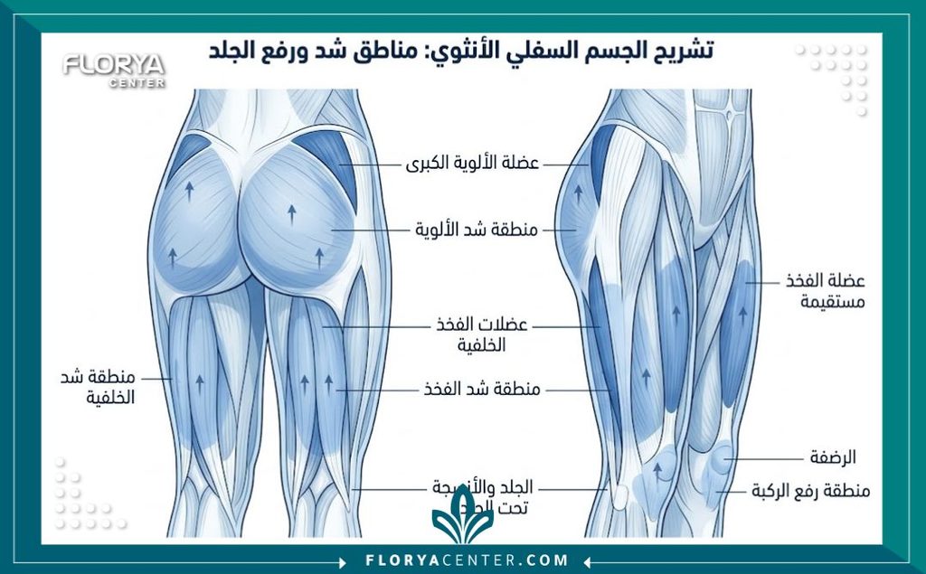 رسم توضيحي طبي يحدد مناطق شد الترهلات العنيدة في الجزء السفلي والتي تشمل الفخذين، الركبة، والمؤخرة.