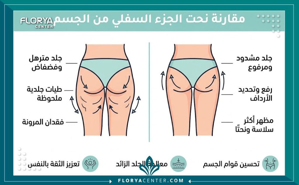 إنفوجرافيك يوضح خطوات ونتائج عملية شد الترهلات العنيدة في الجزء السفلي ونحت الفخذين والمؤخرة.