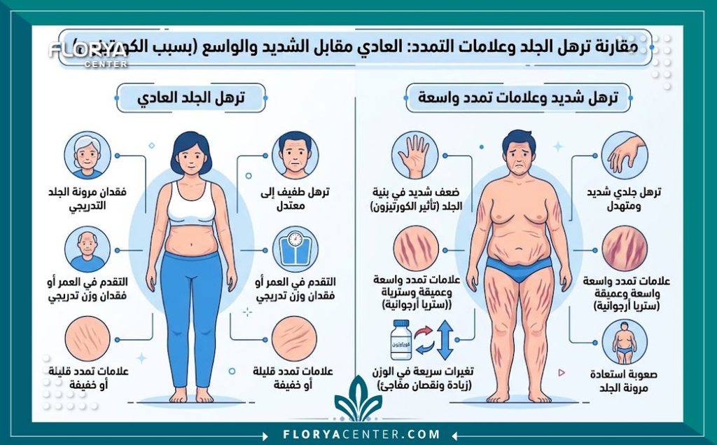 شد الترهلات الناتجة عن الكورتيزون 3 إنفوجرافيك يقارن بين أنواع الترهلات الجلدية وطرق علاج الترهل الناتج عن الكورتيزون وفقدان الوزن السريع.