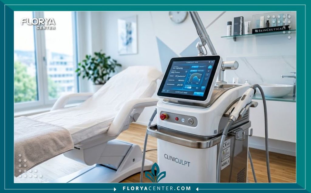 أحدث أجهزة الليزر والموجات فوق الصوتية المخصصة لشد ترهلات البطن والجسم داخل غرفة عيادة تجميل معقمة ومتطورة