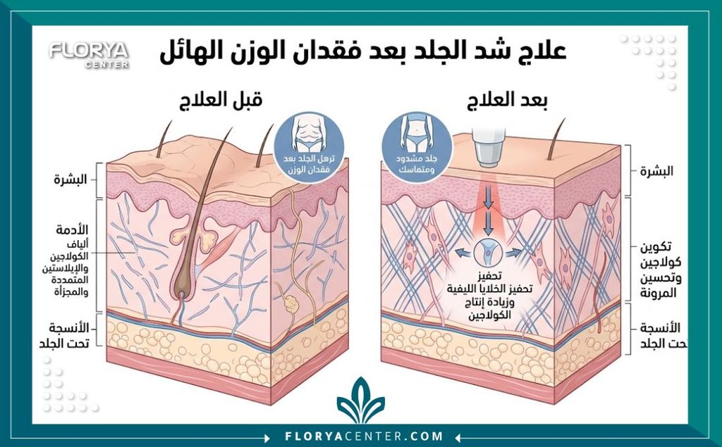 رسم توضيحي طبي لطبقات الجلد يوضح كيفية شد الترهلات بعد اوزمبك وتحفيز إنتاج الكولاجين.