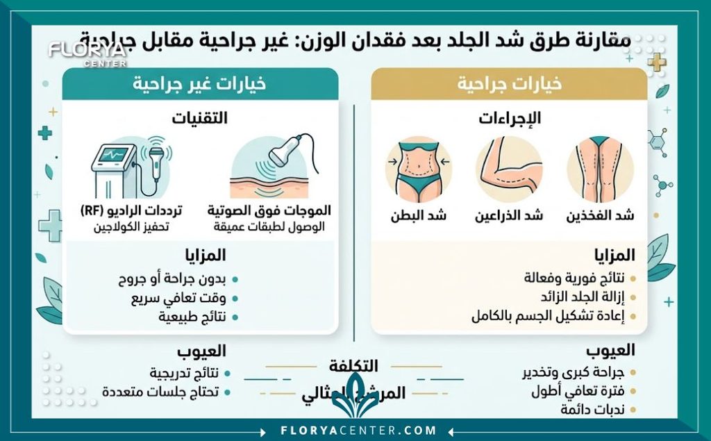 إنفوجرافيك يقارن بين الطرق الجراحية وغير الجراحية المستخدمة لشد الترهلات بعد اوزمبك ونزول الوزن.