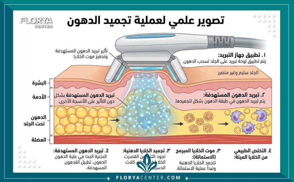 رسم توضيحي طبي يوضح آلية عمل تقنية شد الجسم البارد وتكسير الدهون تحت الجلد.