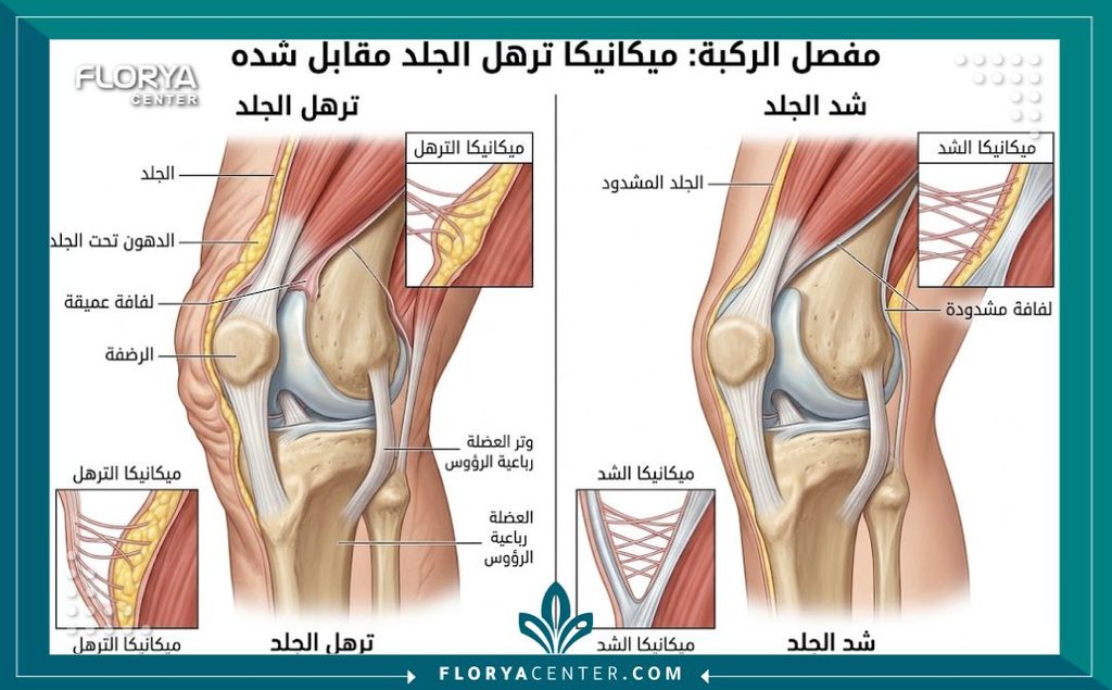 رسم توضيحي طبي لتشريح مفصل الركبة وطبقات الجلد يوضح أسباب الجلد المترهل فوق الركبتين وآلية الشد.