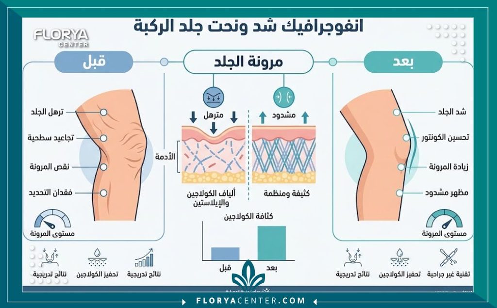 إنفوجرافيك يوضح مقارنة قبل وبعد عملية شد تجعدات مفصل الركبة وخطوات التخلص من الترهلات.
