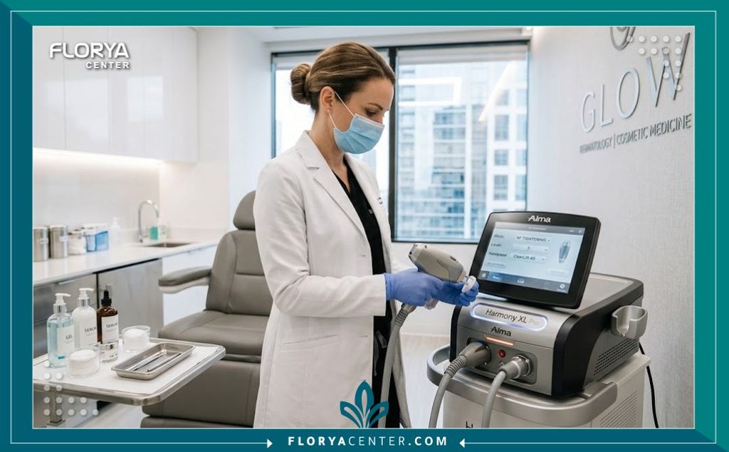 طبيبة تجميل محترفة داخل غرفة عمليات معقمة تجهز أجهزة الليزر الحديثة لعلاج ترهلات الركبة.
