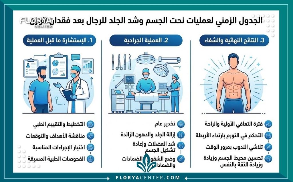 إنفوجرافيك يشرح خطوات ومراحل التعافي من عملية شد البطن والصدر للرجال بعد التخسيس.