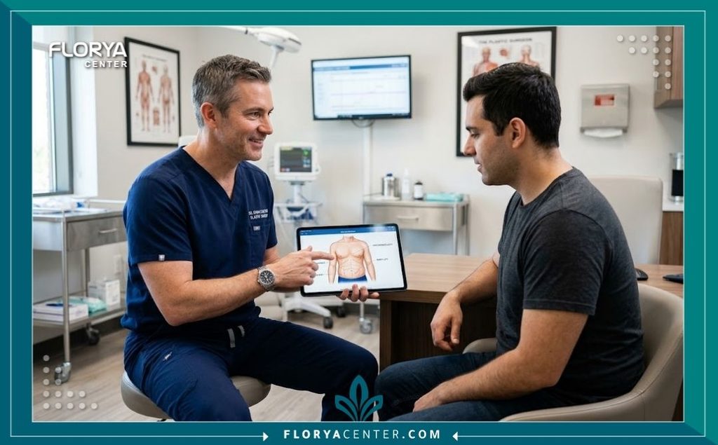 استشارة طبية مع جراح تجميل متخصص لمناقشة خيارات شد الجلد المترهل للرجال بعد التخسيس في مستشفى مجهز.