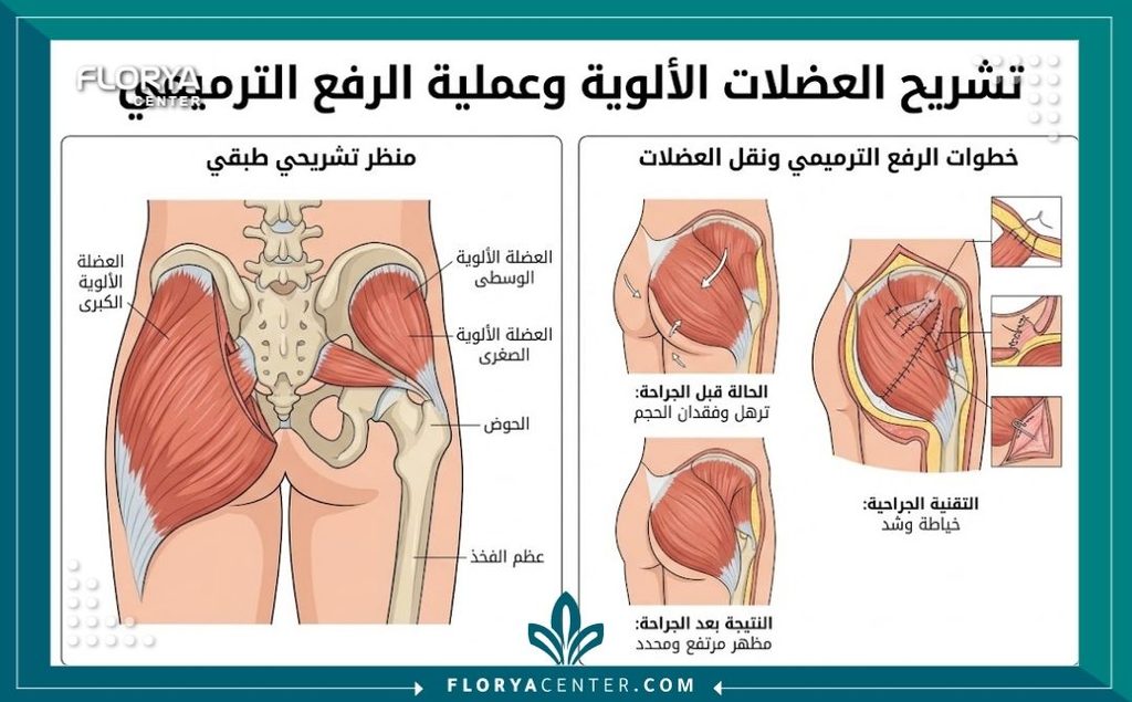 رسم توضيحي طبي يشرح تشريح العضلات الألوية وكيفية إجراء عملية ترميم وشد المؤخرة طبياً.