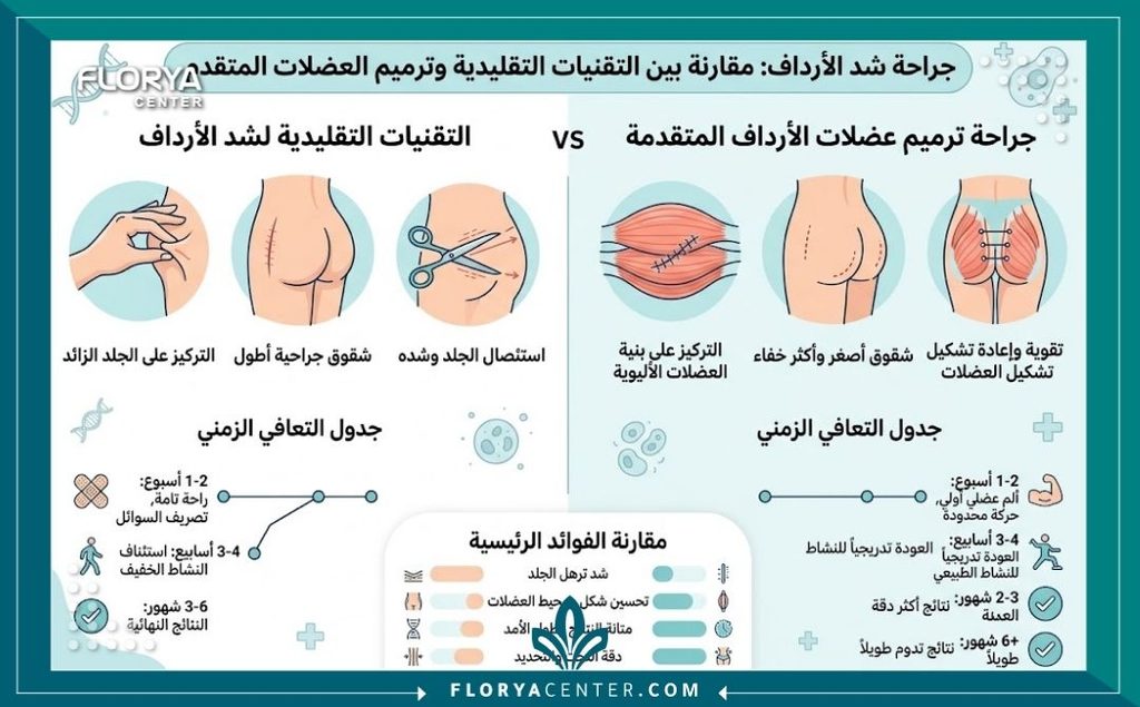 إنفوجرافيك طبي يقارن بين تقنيات شد المؤخرة التقليدية وعملية ترميم العضلات الألوية مع فترات التعافي والنتائج.