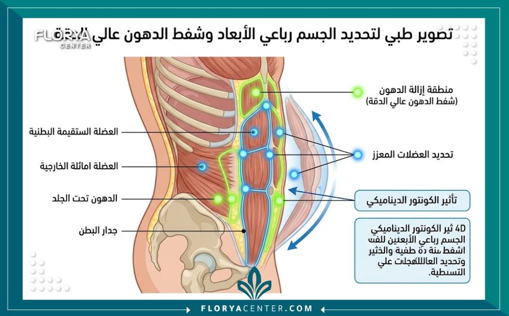 شد القوام الرباعي الأبعاد بعد الثلاثين 2 رسم توضيحي طبي يشرح تشريح عضلات البطن وتقنية النحت العضلي الديناميكي 4D لإبراز العضلات.